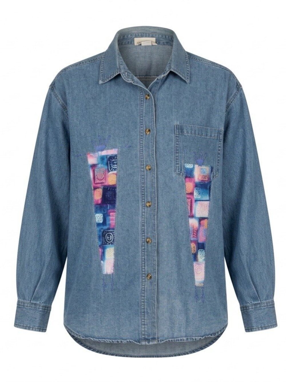 Vintage CST Blues Denim Shirt Patchwork Geometric Art Women's Size L Blue Jean